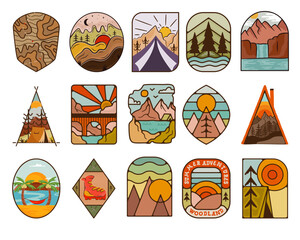 Outdoor adventure badges set. Camping adventure labels in retro style. Mountain logo graphics for t-shirt. Stock vector artwork
