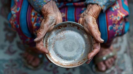 An elderly woman's hands holding an empty plate, highlighting themes of hunger, vulnerability, and the necessity for aid and compassion.
