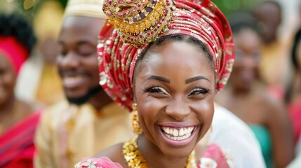 Fototapeta premium Bride's Joyful Smile at Traditional African Wedding Ceremony A Celebration of Love, Culture, and Family The radiant bride beams with happiness, surrounded by loved ones, as she embraces the