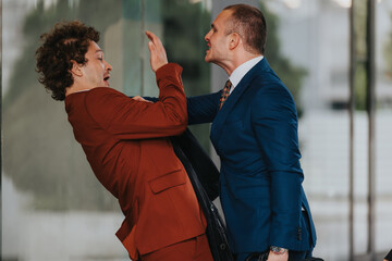 Businessmen in suits aggressively arguing in an urban setting, expressing anger. They seem to be in...