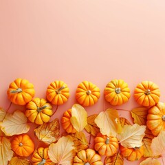 Orange Pumpkins and Fall Leaves on Pink Background