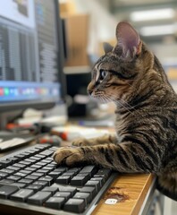 Tabby Cat Using Computer Keyboard