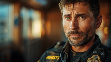 Obraz premium Portrait of a serious police officer with badges and uniform in focus; intense expression with a blurred background in an indoor setting showcasing determination and duty