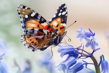 Detailed photo of a red admiral butterfly resting on a bluebell flower, with soft morning light enhancing the colors