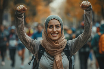 Middle Eastern woman in hijab celebrating marathon finish..