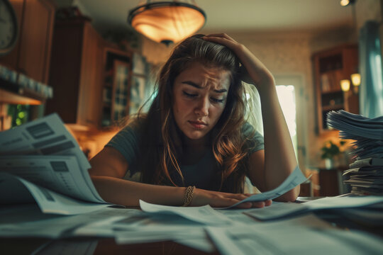 Stressed young woman reviewing bills at home, overwhelmed with paperwork..