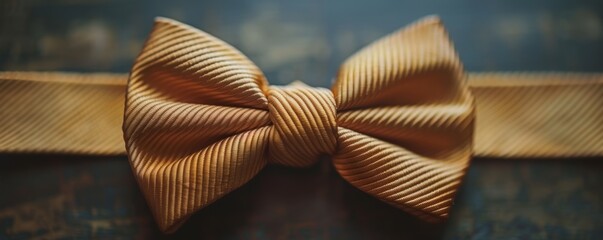 A closely captured image of a beautifully textured golden bow tie, showcasing intricate details of fabric patterns and knots, set against a subtly blurred background that enhances its elegance