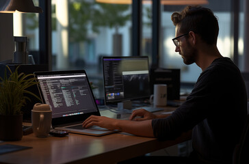 A focused young man working on his laptop in a dimly lit office environment, surrounded by multiple screens and office supplies