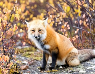 Fototapeta premium Red fox (Vulpes vulpes) in autumn tundra, portrait, Dempster Highway, Yukon Territory, Canada, North America