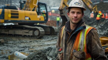 Fototapeta premium Construction Worker Posing With Excavator