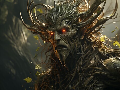 A bizarre wooden leshy with a beard and horns, located among a dense forest.