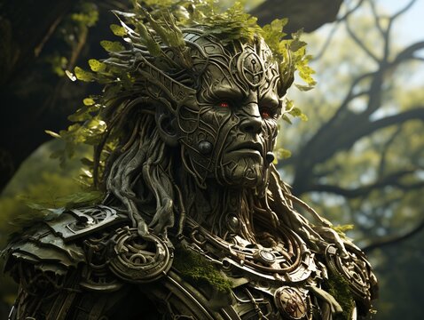 A bizarre wooden leshy with a beard and horns, located among a dense forest.