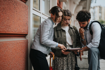 Group of businesspeople having an outdoor meeting, discussing a project on a tablet. Collaborative teamwork and business planning. © qunica.com