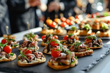 business people take buffet appetizers lunch banquet break catering celebration dinning food epicure party eatery snack caucasian indoor adult arrangement assortment businessman businessperson