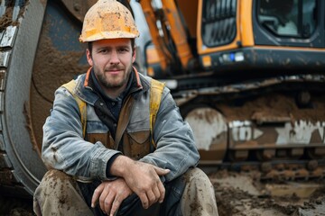 Construction Worker Posing by Excavator