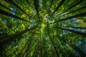 Stunning wide-angle view of the canopy from below, showcasing tall trees with lush green leaves in an expansive forest under a blue sky