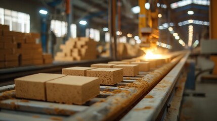 red ceramic clay bricks on conveyor belt rollers or production line, automated industrial factory manufacture