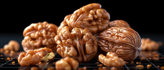 Obraz premium Walnuts on a dark surface.