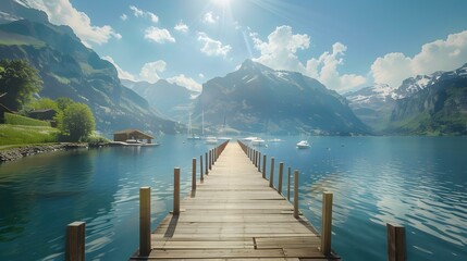 Fototapeta premium Pier on a mountain lake where wooden