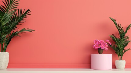 3D geometric podium mockup with a bright color and natural tree leaves and flower elements, suitable for presentations needing a touch of modernity and nature Clean and Clear Color, Realistic Photo,