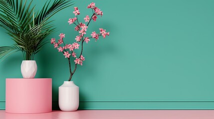 3D geometric podium mockup with a bright color and natural tree leaves and flower elements, suitable for presentations needing a touch of modernity and nature Clean and Clear Color, Realistic Photo,