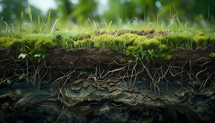 Roots of green grass growing underground, layers of soil cross-section.
