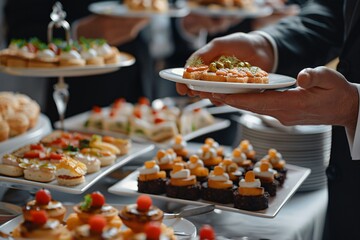 business people take buffet appetizers lunch banquet break catering celebration dinning food epicure party eatery snack caucasian indoor adult arrangement assortment businessman businessperson