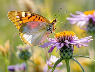 Obraz premium Stunning shot of a gulf fritillary butterfly on a purple coneflower, with sunlight highlighting the vibrant colors