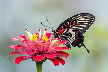 Ultra-detailed image of a zebra longwing butterfly on a red zinnia flower, capturing the intricate wing patterns and bright colors