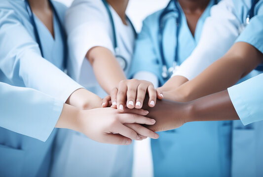 Close-up of a diverse group of medical professionals placing their hands together in a show of unity and teamwork, wearing blue scrubs