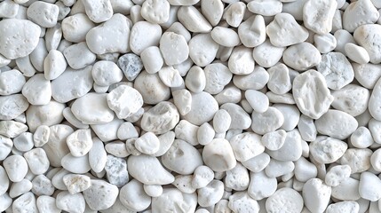 Texture pattern of white pebbles gravel and small stones in walk way path and floor for garden interior decoration background. Various shapes of white decorative gravel stones pattern for background. 