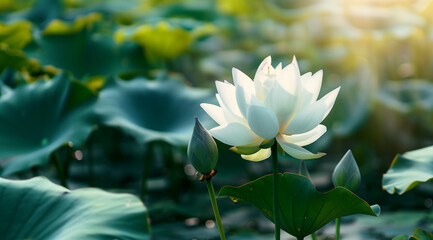 Obraz premium White Lotus Blooming in Sunlit Pond 