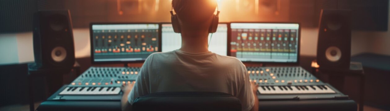Creative workspace with an editor using advanced software to mix audio tracks, sound design, audio editing