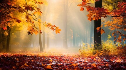 Autumn forest with sunbeams. Beautiful landscape.