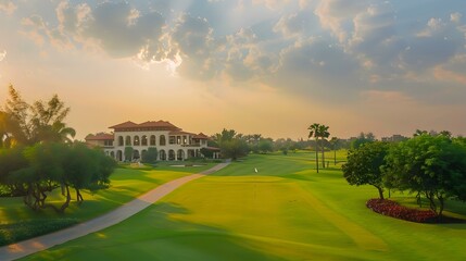 Obraz premium Golf course with colonial style clubhouse img