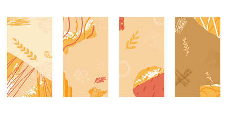 Autumn collage backgrounds set. Fall leaves, abstract and geometric naive shapes backdrops collection. Scribble vertical templates for seasonal holiday events. Vector mixed illustration.