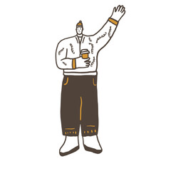 Man with coffee cup waving his hand. Autumn park walking person. Vector hand drawn doodle illustration isolated on white background.