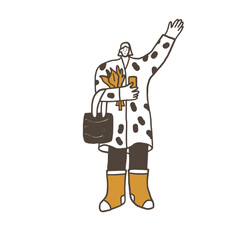 Autumn park walking person. Woman waving her hand with fall red leaves. Vector hand drawn doodle illustration isolated on white background.