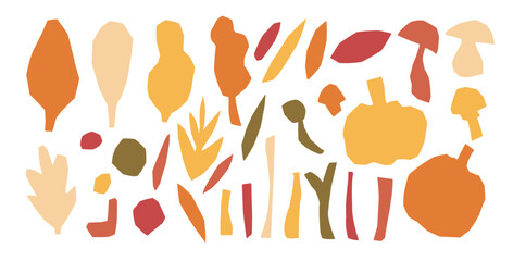 Cut out paper autumn color silhouette shapes featuring leaves, pumpkins, mushrooms, and twigs and abstract shapes. Vector hand drawn set illustration isolated on white background.