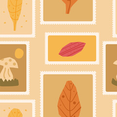 Autumn checked seamless pattern. Cut outs mushroom and leaves shapes repeat background. Bento box retro harvest stamps design. Vector hand drawn flat illustration.