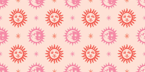 Cute Boho Sun and Moon Astrology Pink Seamless Pattern Vector Illustration