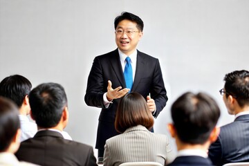 Fototapeta premium Asian Business Leader Addressing Conference Attendees with Enthusiasm 