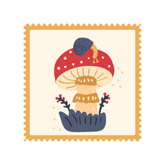 Fly agaric stamp isolated on white background. Amanita muscaria with snail. Vector hand drawn flat illustration
