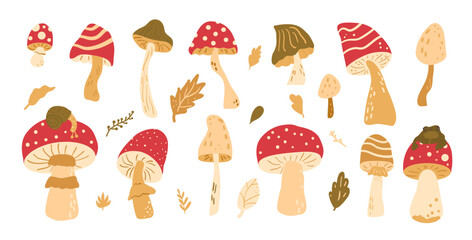 Set of fly agaric and toadstool. Inedible mushrooms kit. Vector hand drawn flat collection illustration isolated on white background.