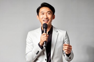 Dynamic Asian Presenter with Microphone Delivering Inspirational Talk