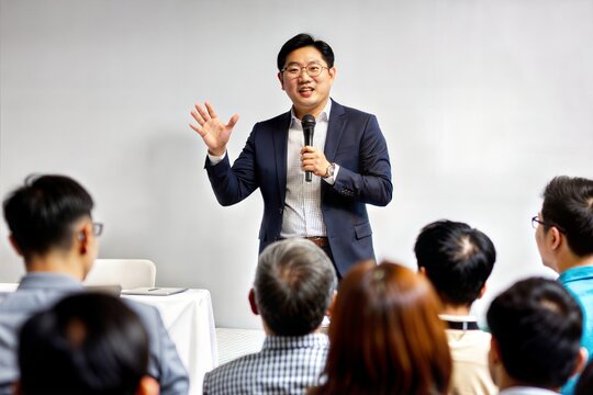 Asian Male Speaker Engaging Audience with Interactive Session
