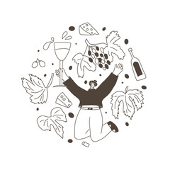 Wine tasting event circular emblem. Cute fun character with wineglass, bottles and grapevines round badge. Vector hand drawn doodle collection illustration isolated on white background. © Syuzann q