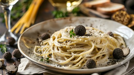 Truffle spaghetti served on a deep plate image