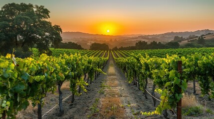 Fototapeta premium Serene Sunset at the Vineyard - Tranquil Wine Country Landscape with Colorful Sky and Vineyard Rows