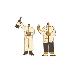 Friends meeting with beverage. Wine tasting event. Cute characters with wineglasses. Vector hand drawn illustration isolated on white background.